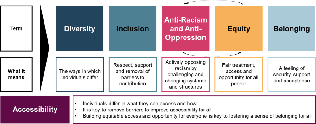 The spectrum of belonging has 5 key terms presented horizontally in a sequential manner. 1. Diversity, which is the way in which individuals differ. 2. Inclusion, which is the respect, support and removal of barriers to contribution. 3. Anti-racism and anti-oppression, which is actively opposing racism by challenging and changing systems and structures. 4. Equity, which is the fair treatment, access and opportunity for all people. 5. Belonging, which is a feeling of security, support and acceptance. When an organization actively opposes racism and challenges the systems and structures in place, they have the opportunity to embed equity into them. When striving for equity, the organization can challenge itself to approach these changes in an anti-racist manner, creating an iterative process of evaluation and change. The sixth term, accessibility, runs across the bottom of the diagram. It means that individuals differ in what and how they can access and how they can access, it is key to remove barriers to improve accessibility for all, and that building equitable access and opportunity for everyone is key to fostering a sense of belonging for all.